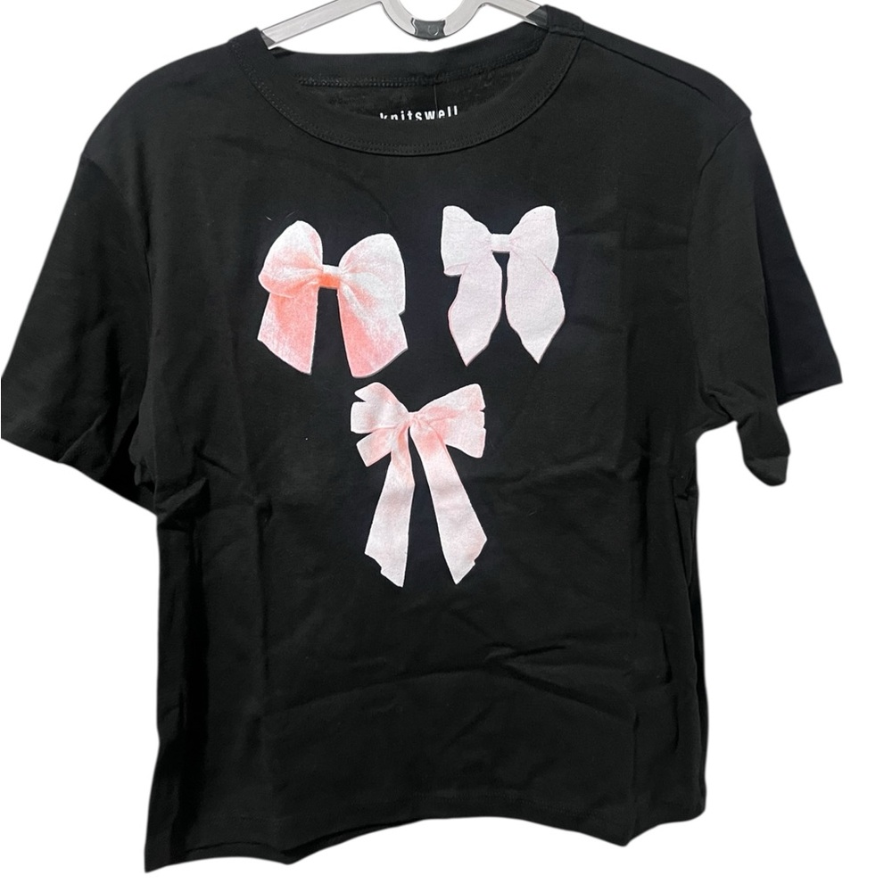 Juniors Knitswell Girls Pink Bow Baby Tee